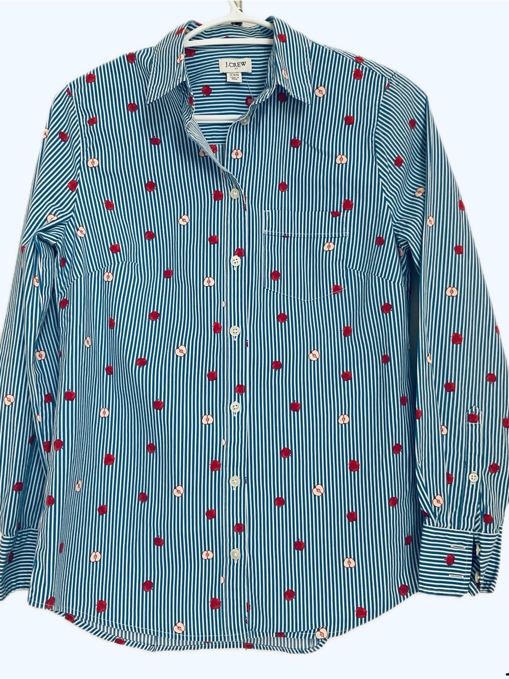 ** J.Crew ** Blue  & White Striped Button-Down Shirt with Red Apple Motif .